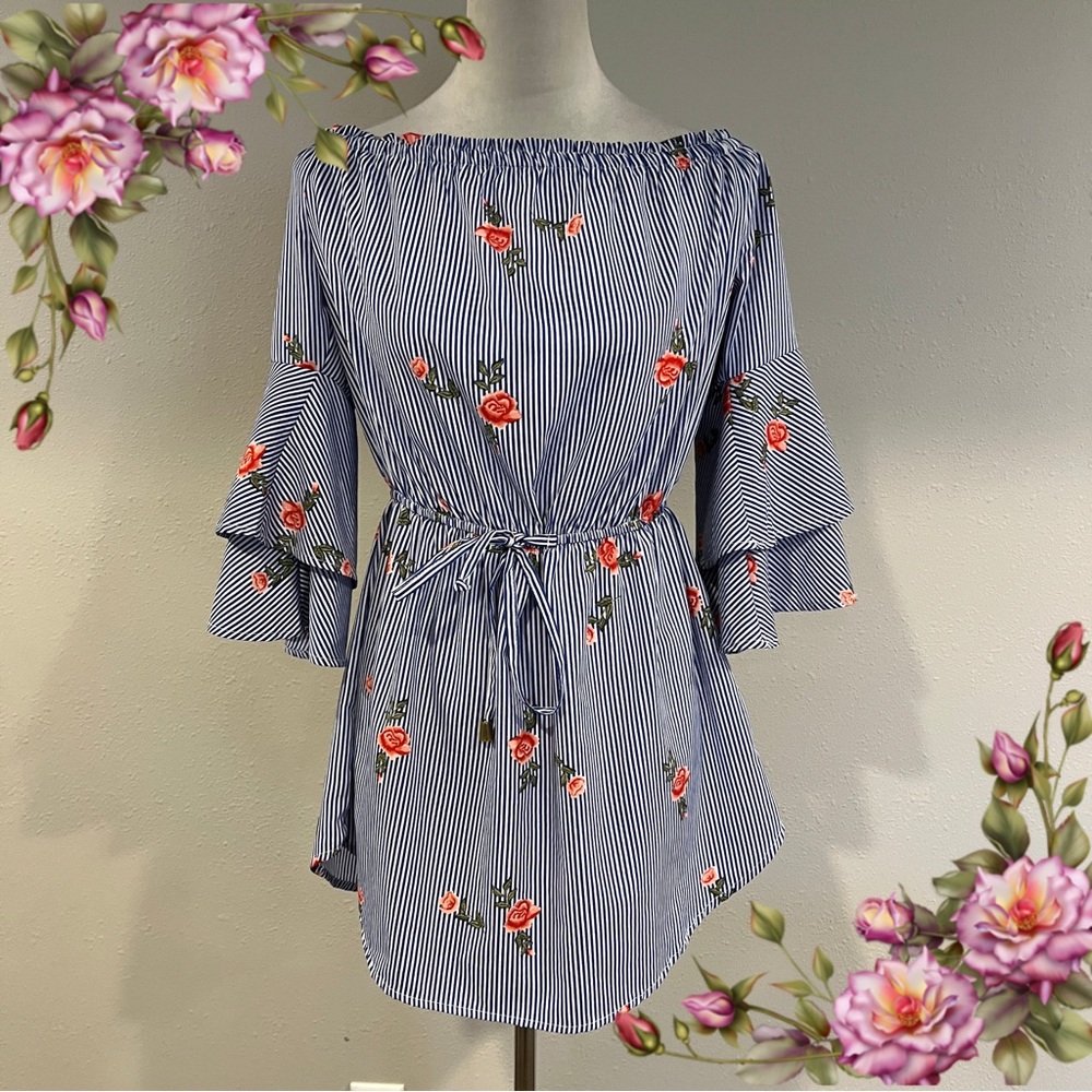 Floral Striped Off-Shoulder‎ tunic Top size large